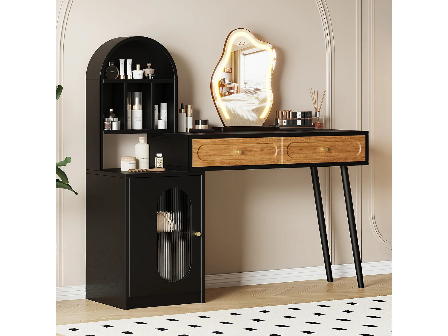 Extendable dressing table with mirror 131x40x119.6cm - with adjustable LED - with 1 door and 2 drawers - open storage compartments - Black+Natural
