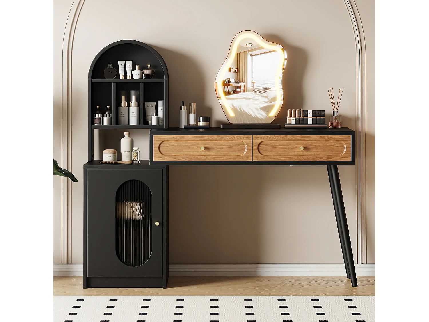 Extendable dressing table with mirror 131x40x119.6cm - with adjustable LED - with 1 door and 2 drawers - open storage compartments - Black+Natural