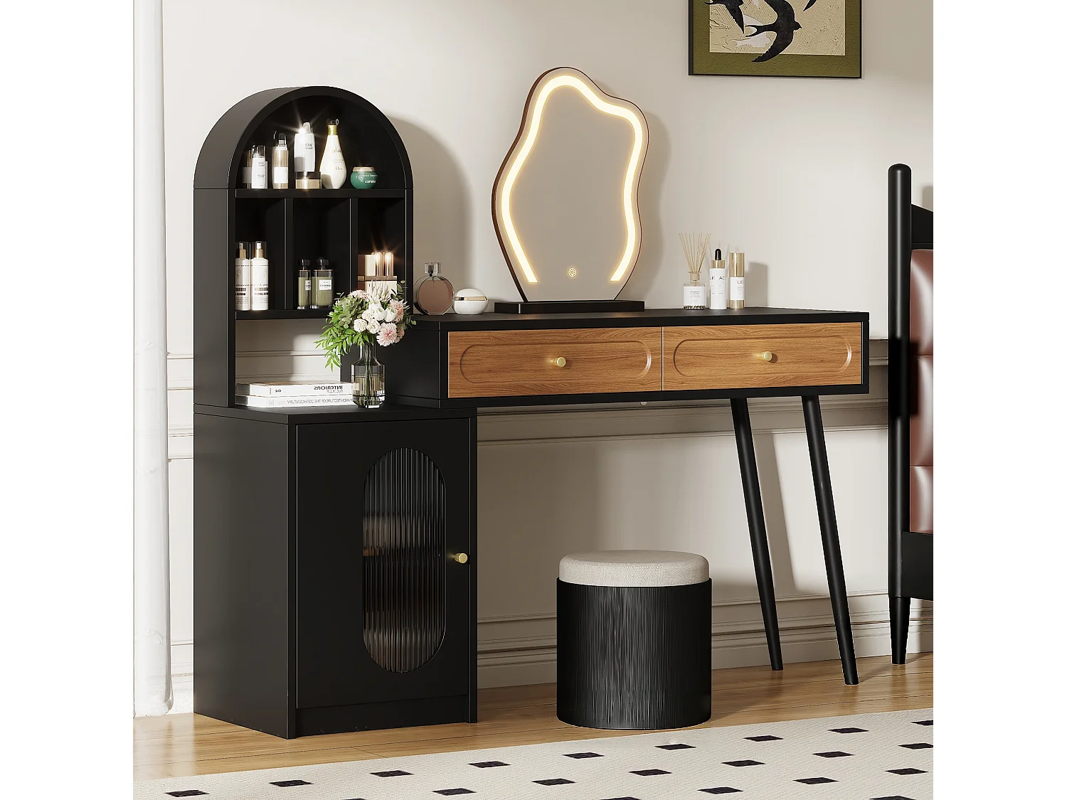 Extendable dressing table with mirror 131x40x119.6cm - with adjustable LED - with 1 door and 2 drawers - open storage compartments - Black+Natural