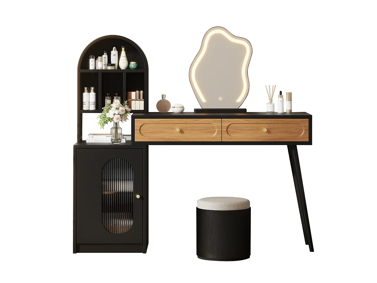 Extendable dressing table with mirror 131x40x119.6cm - with adjustable LED - with 1 door and 2 drawers - open storage compartments - Black+Natural