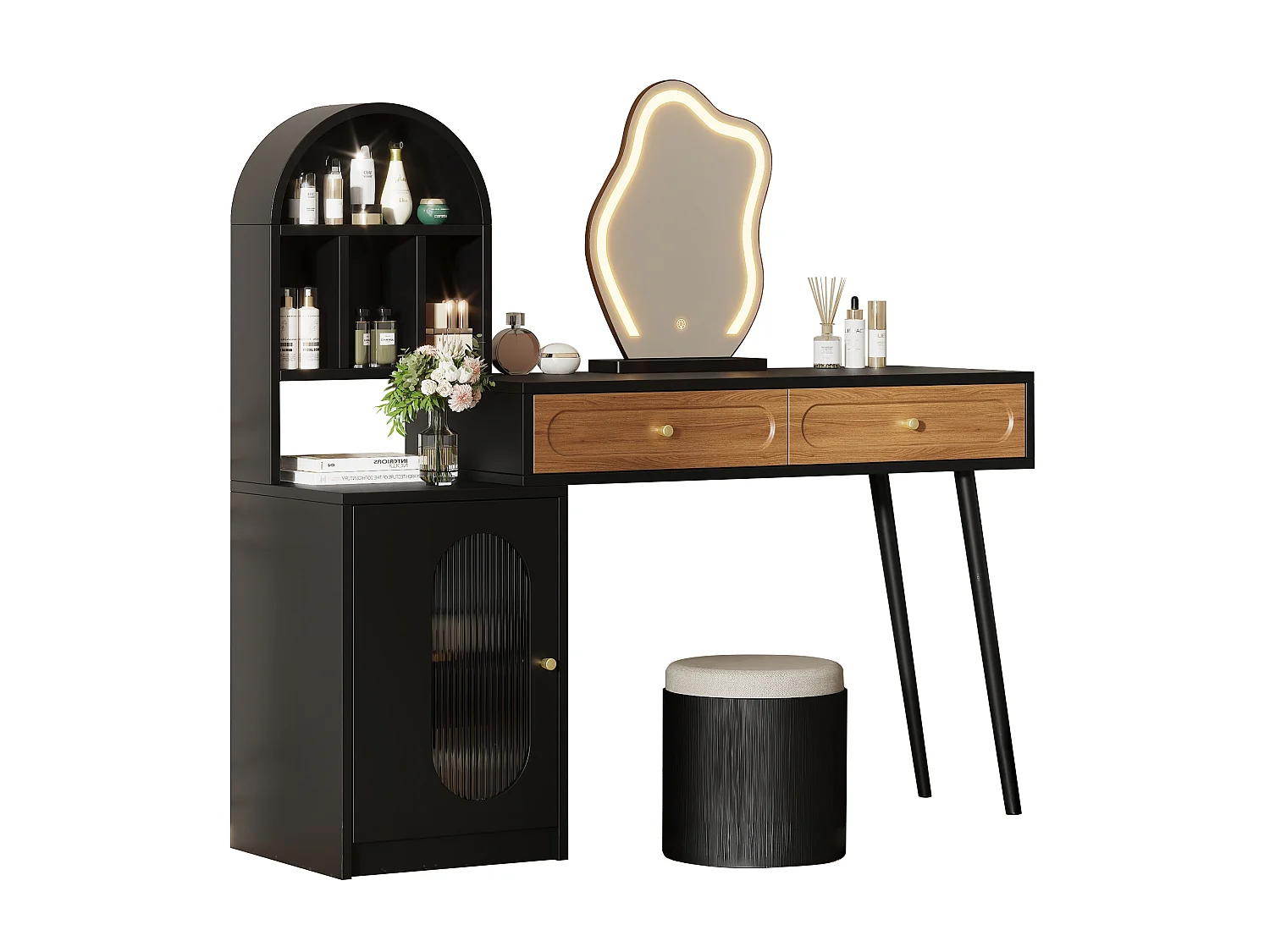 Extendable dressing table with mirror 131x40x119.6cm - with adjustable LED - with 1 door and 2 drawers - open storage compartments - Black+Natural