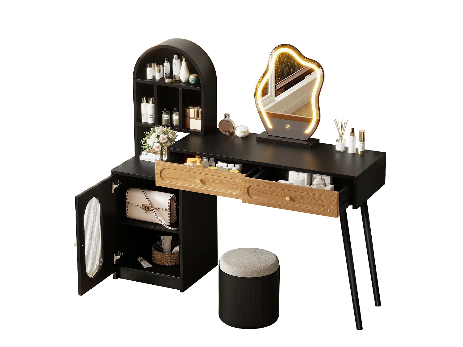 Extendable dressing table with mirror 131x40x119.6cm - with adjustable LED - with 1 door and 2 drawers - open storage compartments - Black+Natural
