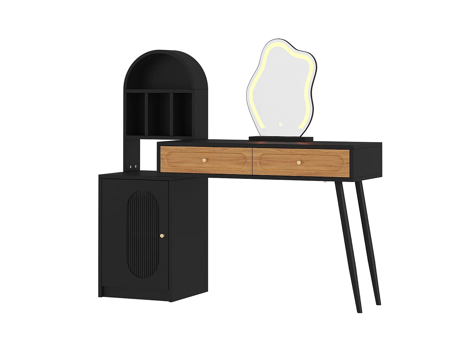 Extendable dressing table with mirror 131x40x119.6cm - with adjustable LED - with 1 door and 2 drawers - open storage compartments - Black+Natural