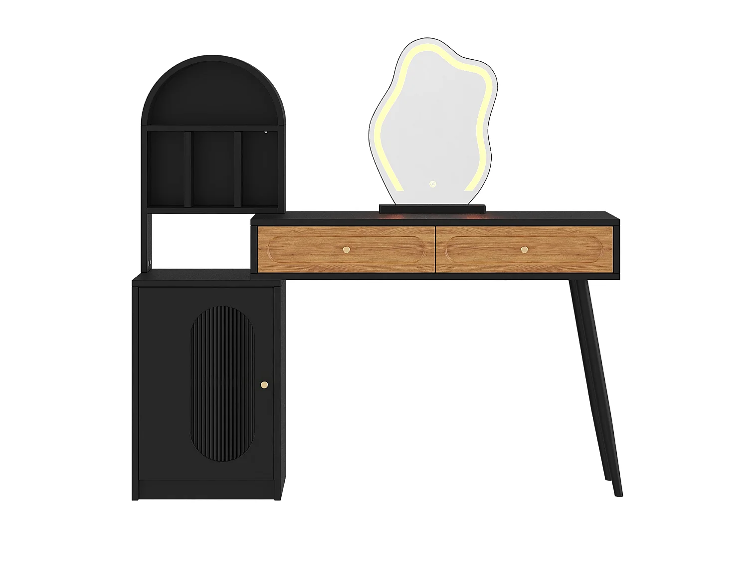 Extendable dressing table with mirror 131x40x119.6cm - with adjustable LED - with 1 door and 2 drawers - open storage compartments - Black+Natural