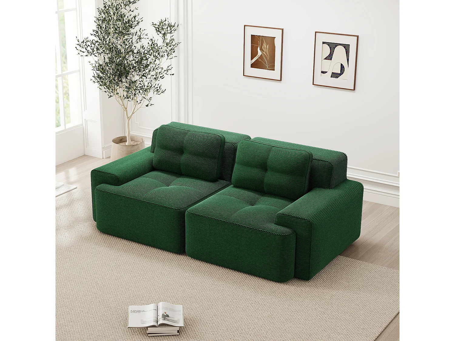 Canapé modulable 2 places en velours côtelé à assise profonde - Vert