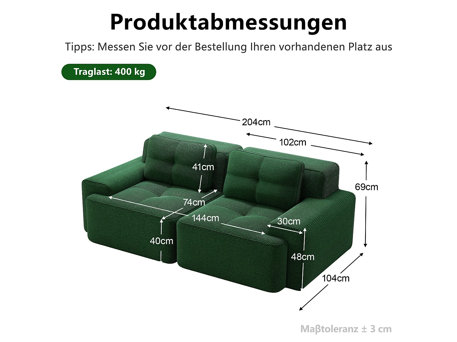 Canapé modulable 2 places en velours côtelé à assise profonde - Vert