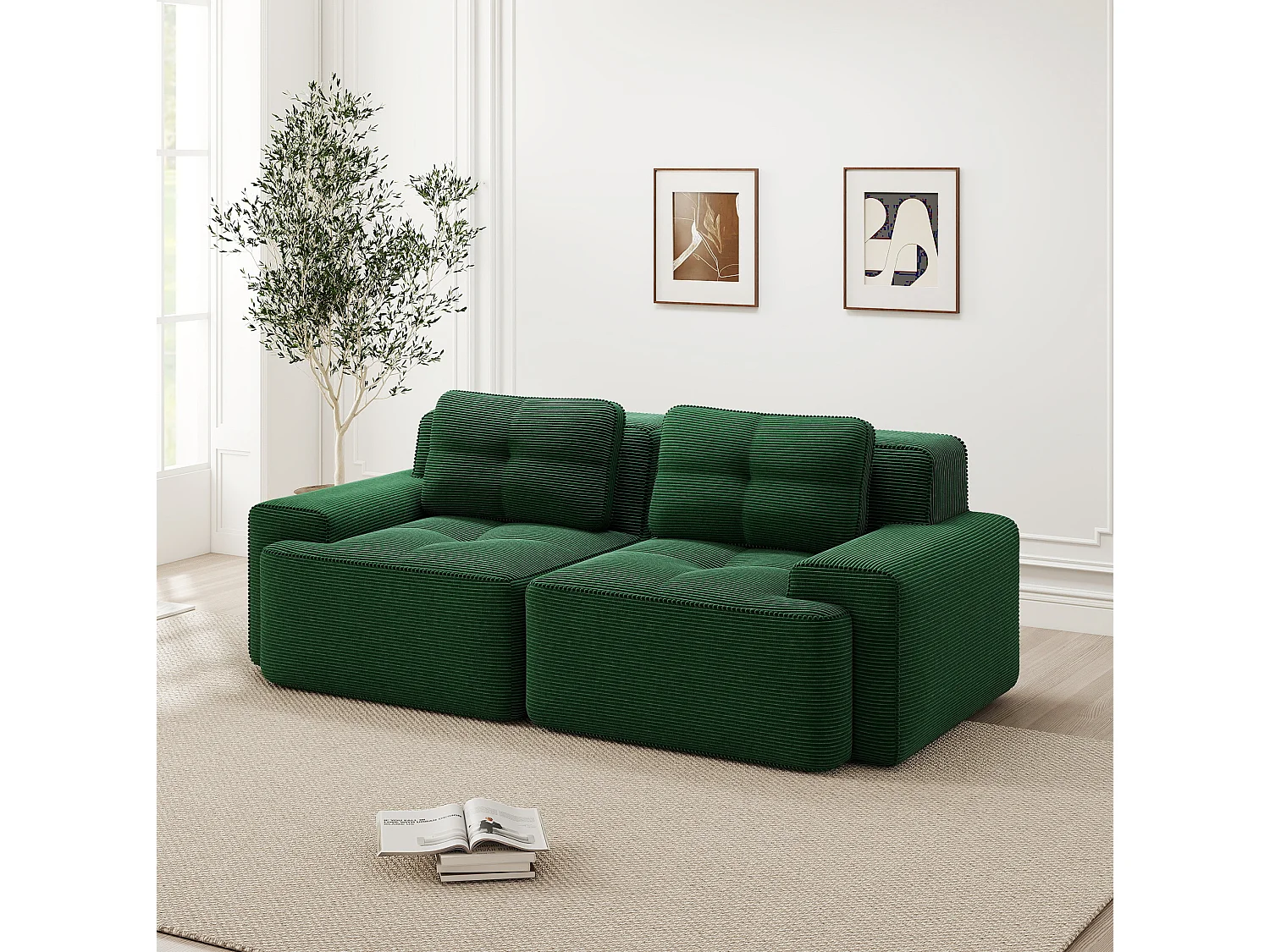 Canapé modulable 2 places en velours côtelé à assise profonde - Vert