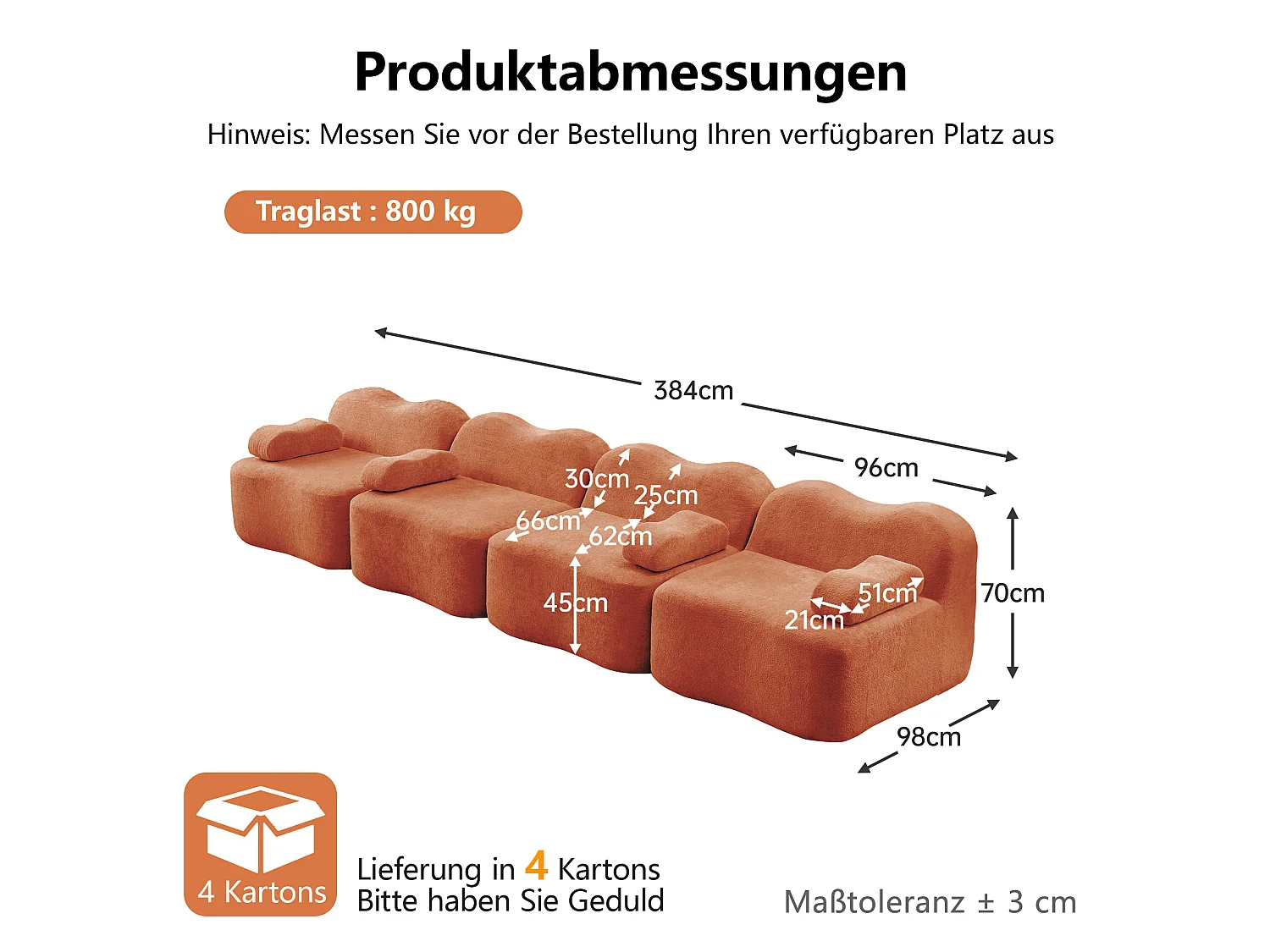 Modulaire 4-zitsbank, 384 cm, in fluweel - Oranje
