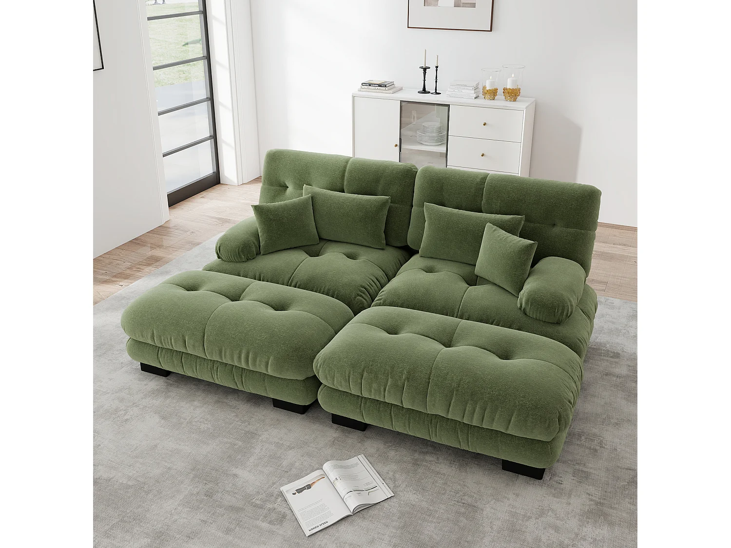 Divano componibile a 2 posti in ciniglia con cuscini e 2 pouf - Verde