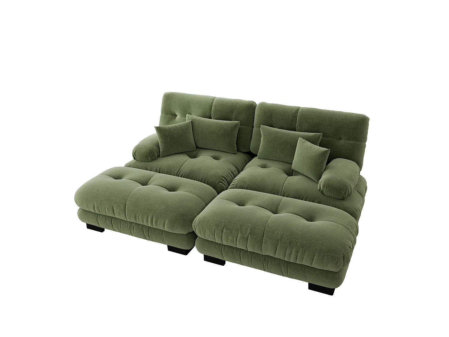 Divano componibile a 2 posti in ciniglia con cuscini e 2 pouf - Verde