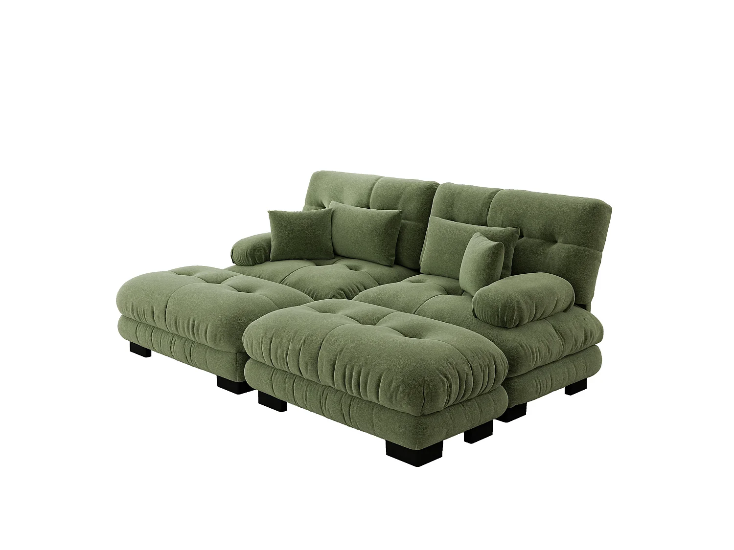 Divano componibile a 2 posti in ciniglia con cuscini e 2 pouf - Verde