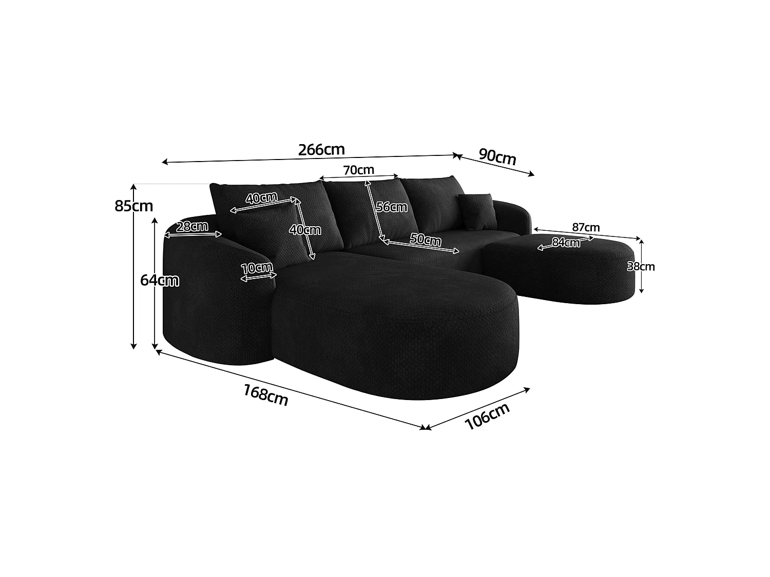 Modulaire 3-zits hoekbank, 266 cm, met poef - Zwarte chenille stof