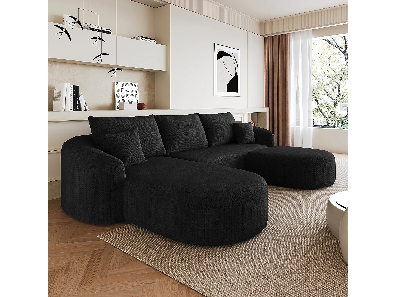 Modulaire 3-zits hoekbank, 266 cm, met poef - Zwarte chenille stof