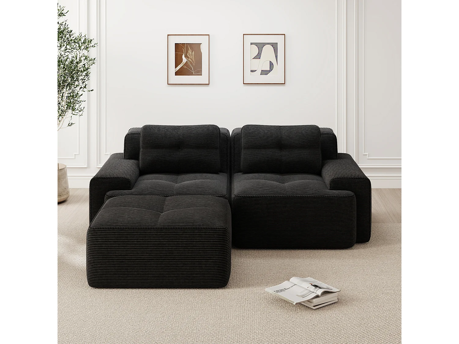 Sofá modular de 2 plazas de pana con otomana - Negro