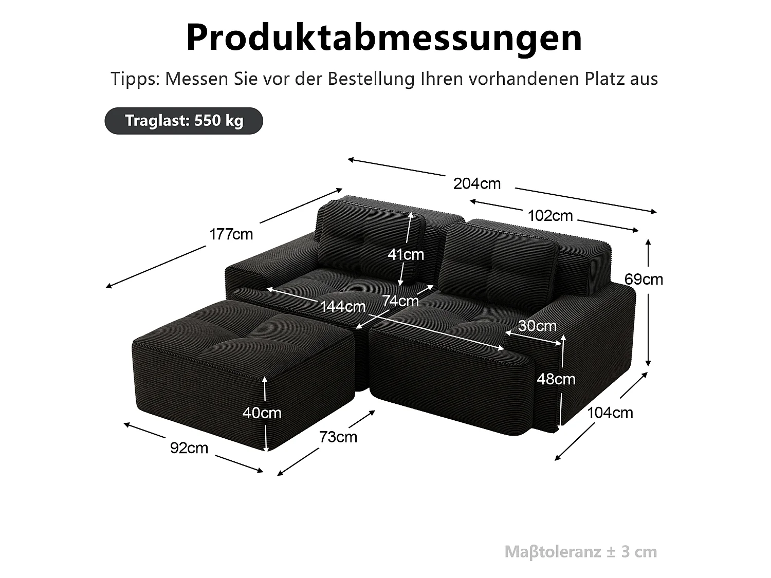 Sofá modular de 2 plazas de pana con otomana - Negro