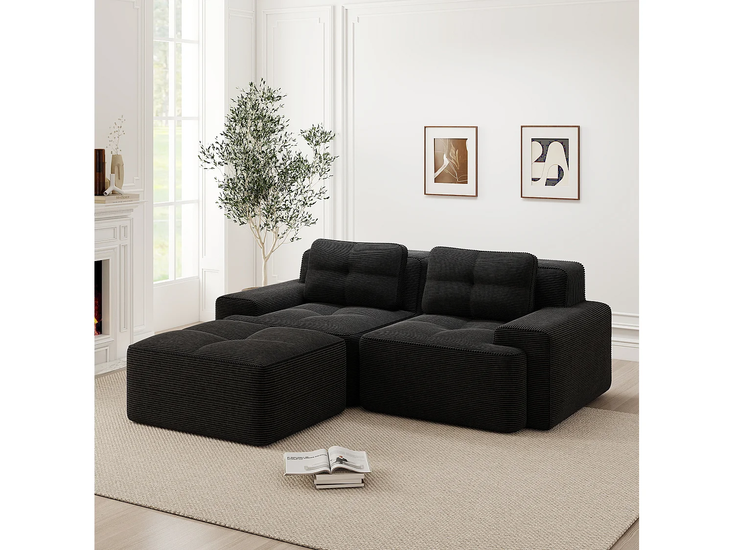 Sofá modular de 2 plazas de pana con otomana - Negro