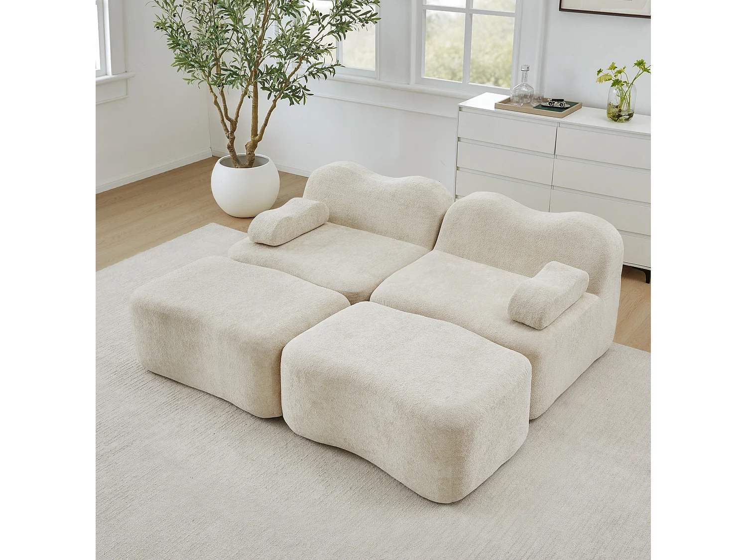 Divano componibile a 2 posti in velluto con 2 pouf - Design ondulato - Beige