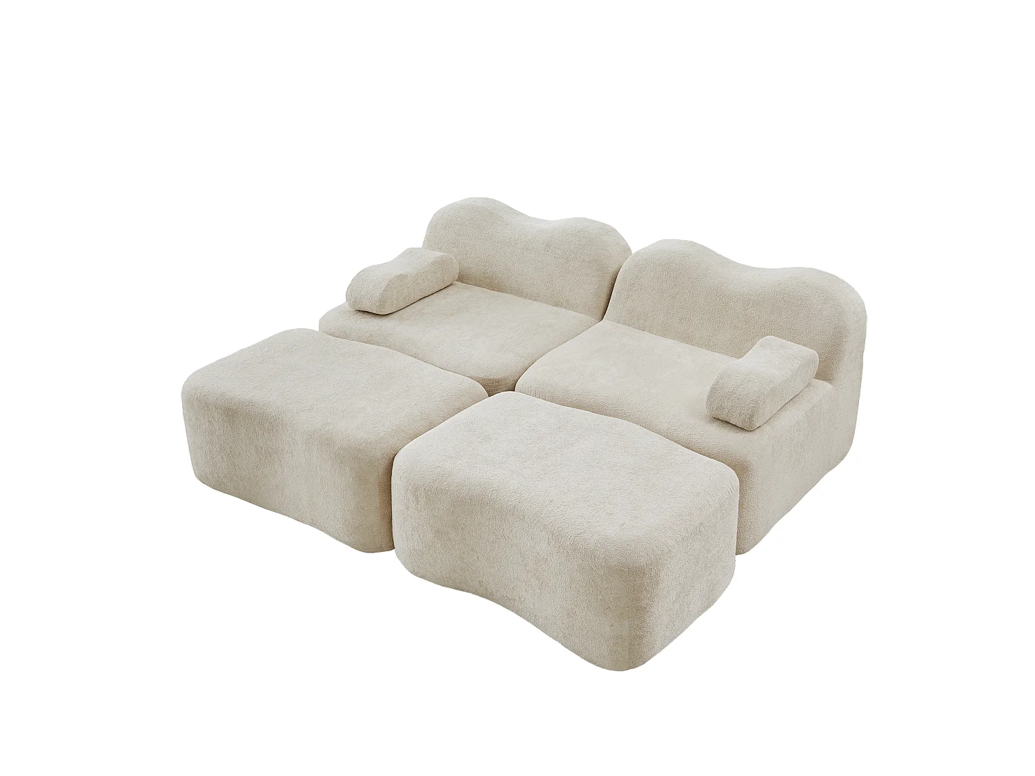 Divano componibile a 2 posti in velluto con 2 pouf - Design ondulato - Beige