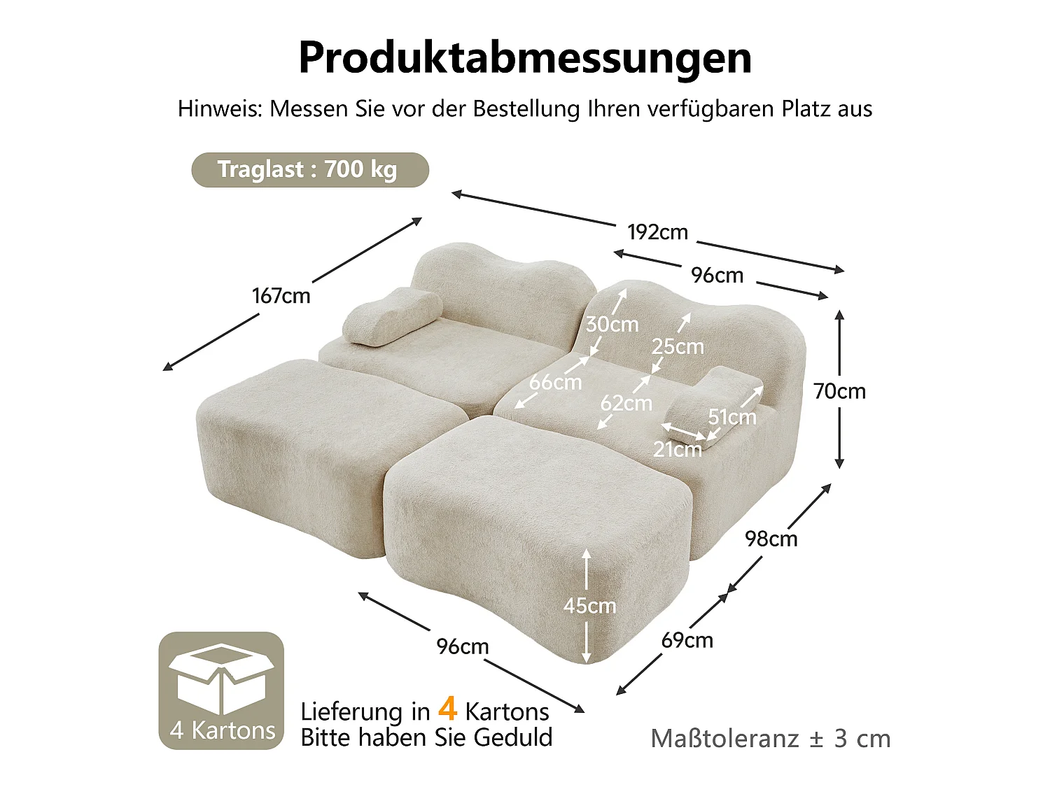Divano componibile a 2 posti in velluto con 2 pouf - Design ondulato - Beige