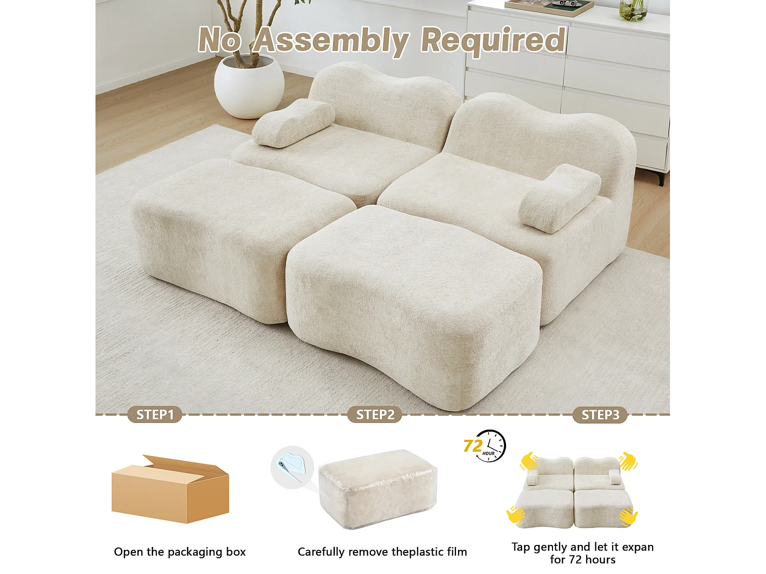 Divano componibile a 2 posti in velluto con 2 pouf - Design ondulato - Beige