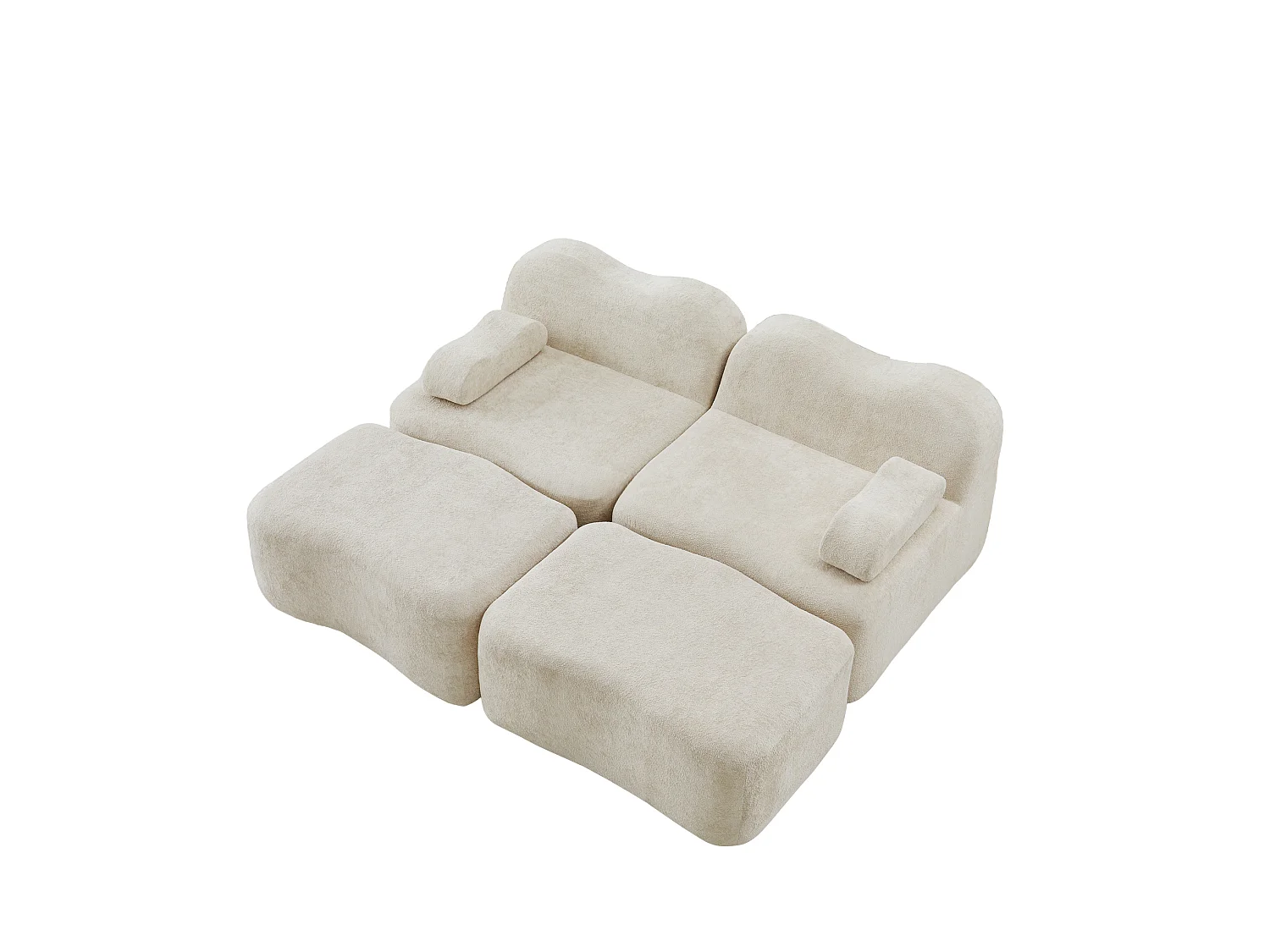 Divano componibile a 2 posti in velluto con 2 pouf - Design ondulato - Beige