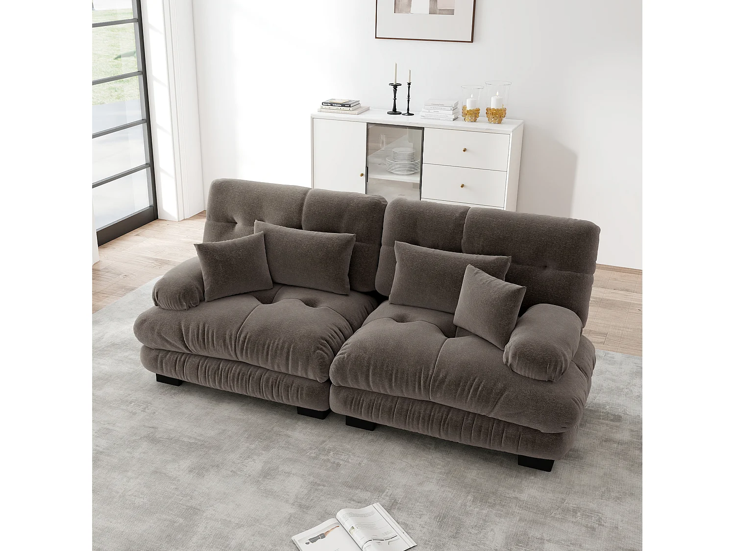 Modulaire 2-zitsbank van chenille met kussens - Bruin