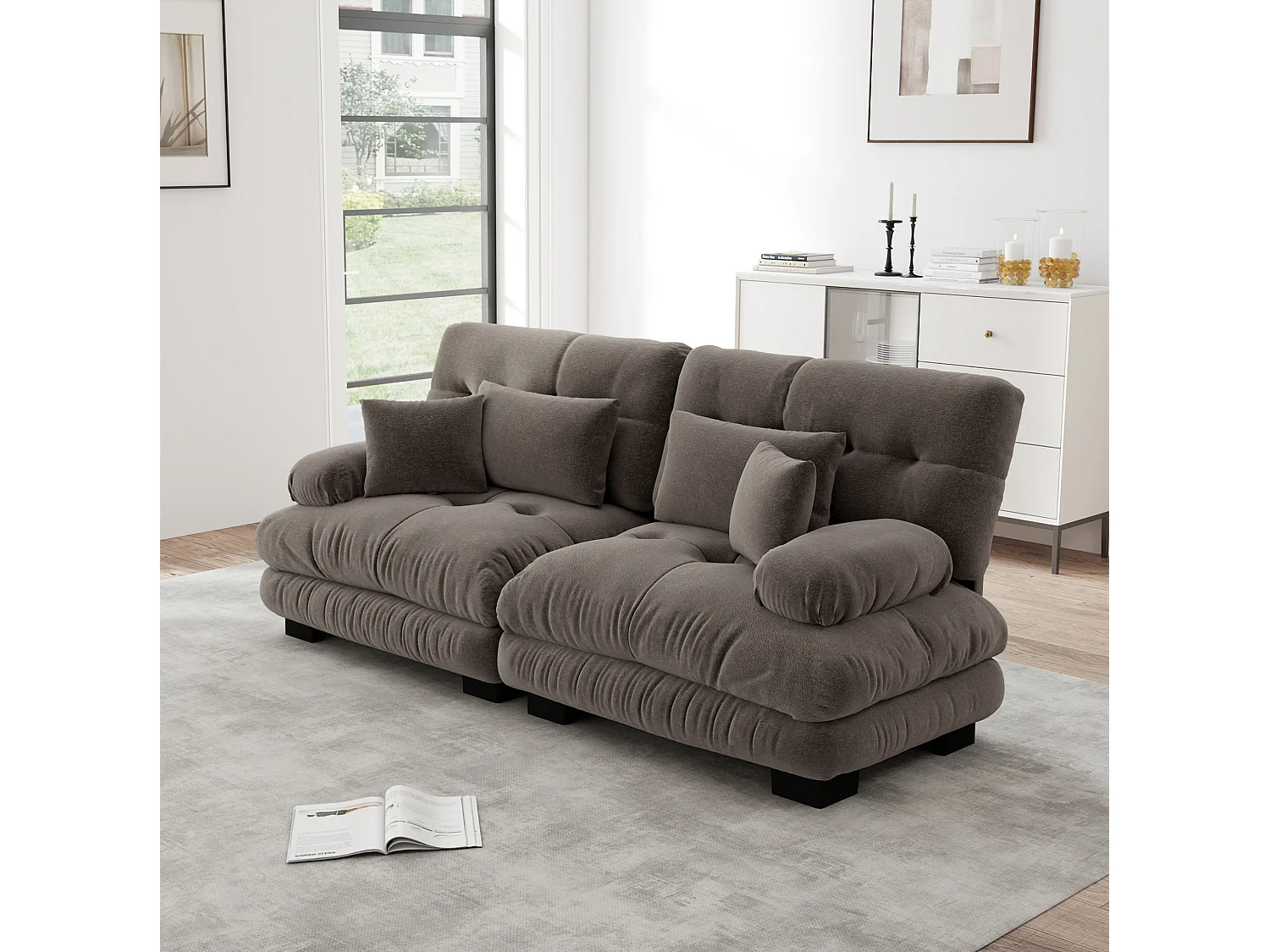Modulaire 2-zitsbank van chenille met kussens - Bruin