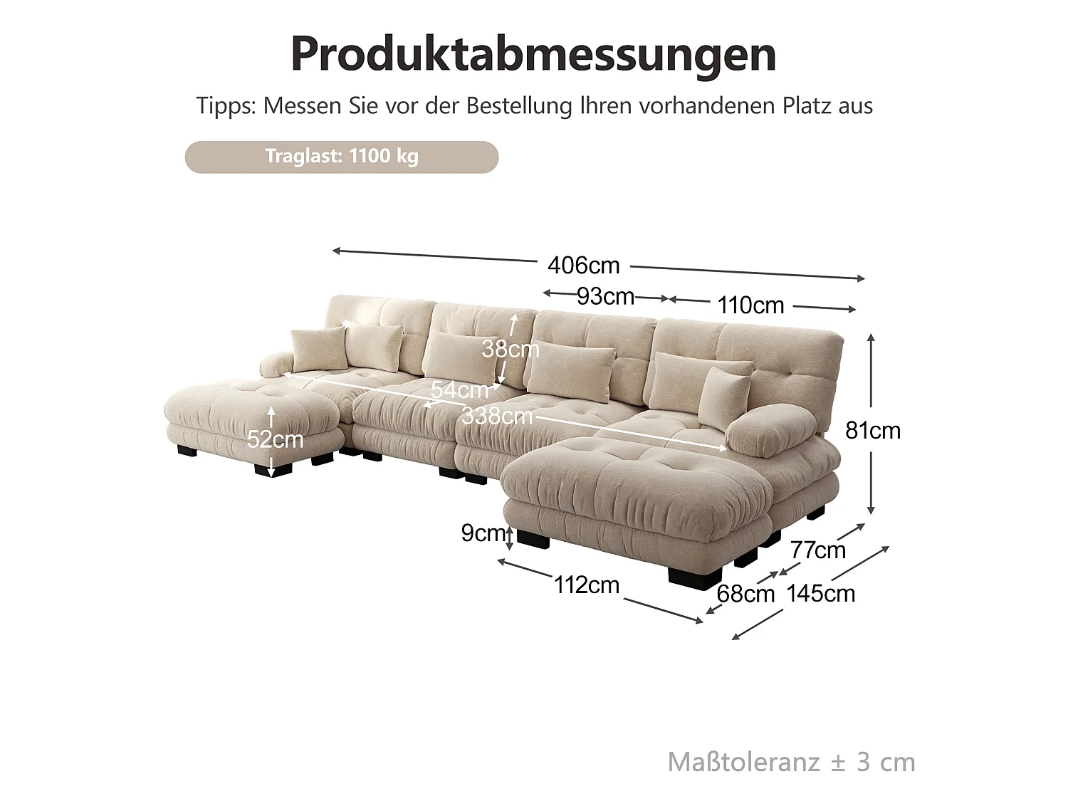 Sofá esquinero modular en forma de U de 4 plazas, 406 cm, de chenilla con 2 otomanas - Marrón claro