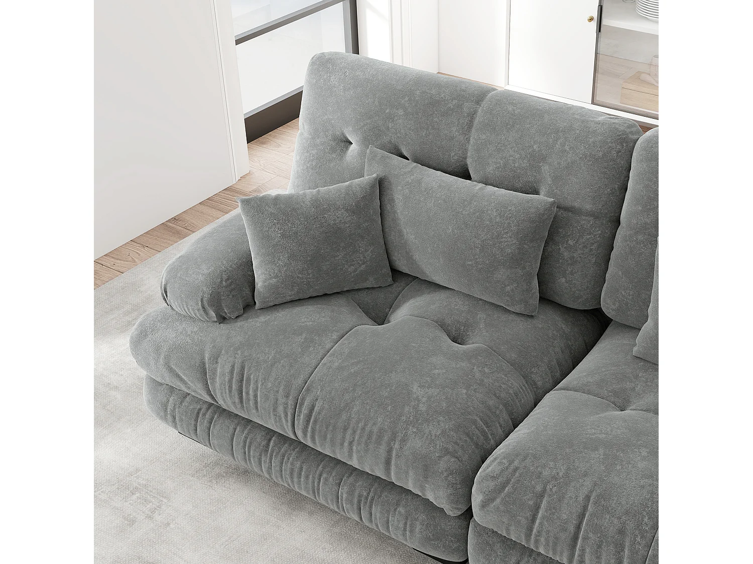 Divano componibile a 2 posti in ciniglia con cuscini e 2 pouf - Grigio