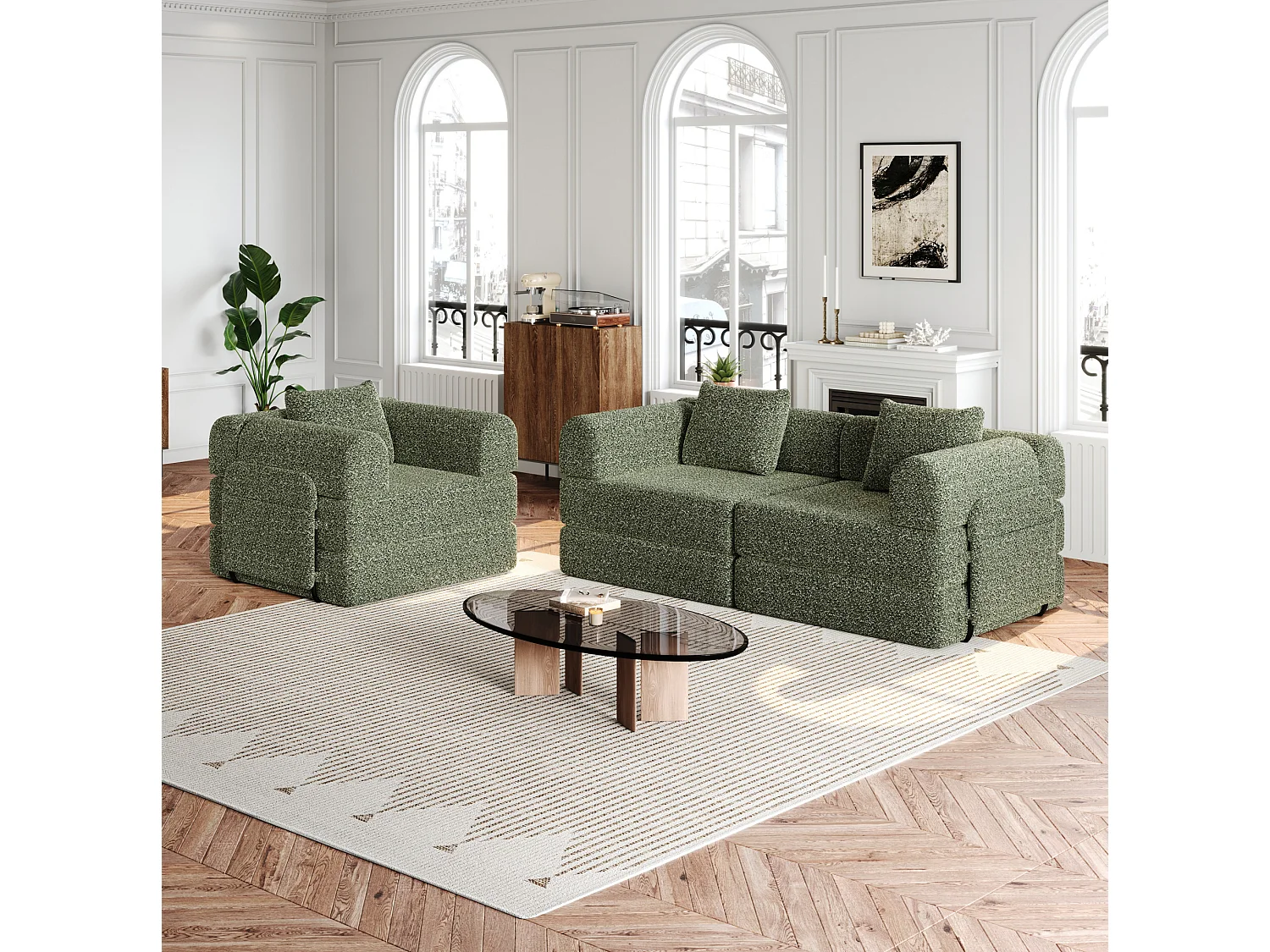 Sofá convertible modular de 3 plazas de chenilla con almacenamiento - Verde
