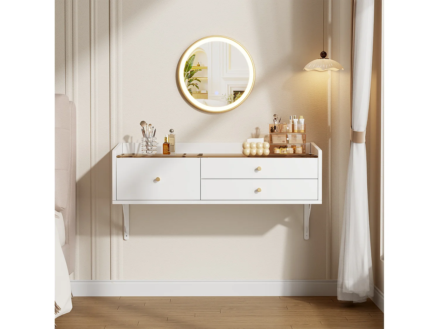 Wall-mounted dressing table with mirror 100x40x48cm - with LED - glass table top - with 3 drawers and compartments - White