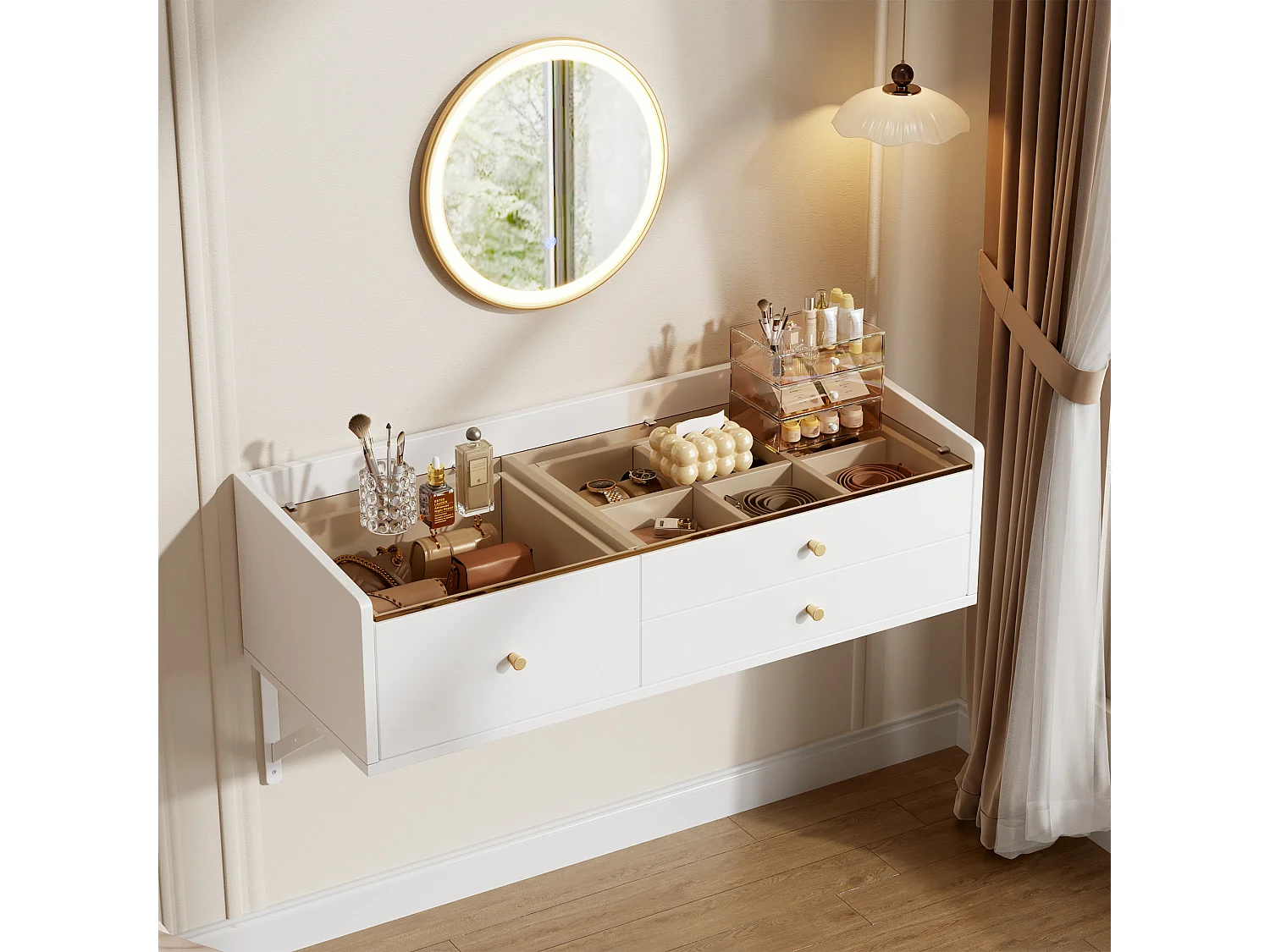 Wall-mounted dressing table with mirror 100x40x48cm - with LED - glass table top - with 3 drawers and compartments - White