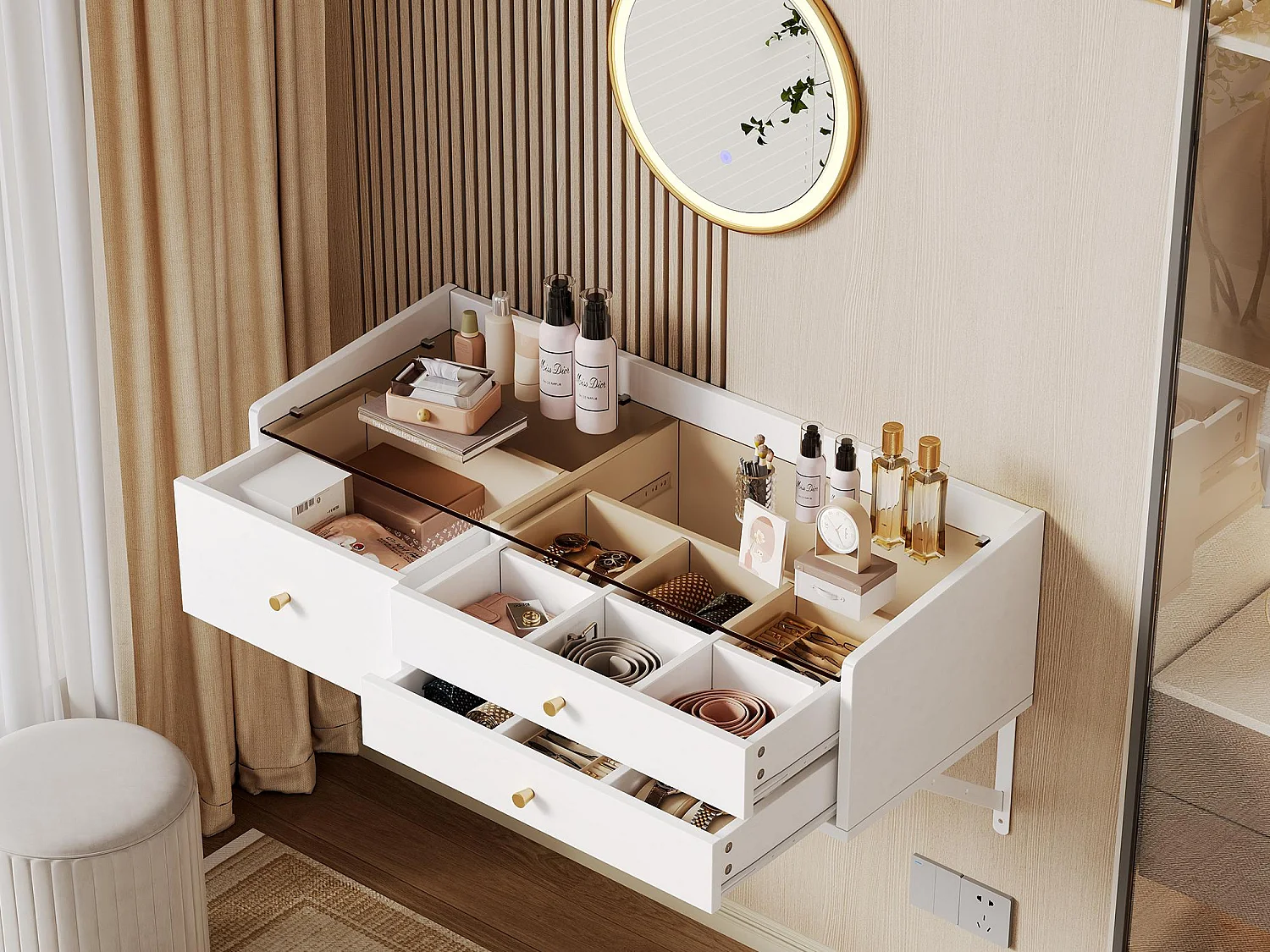 Wall-mounted dressing table with mirror 100x40x48cm - with LED - glass table top - with 3 drawers and compartments - White