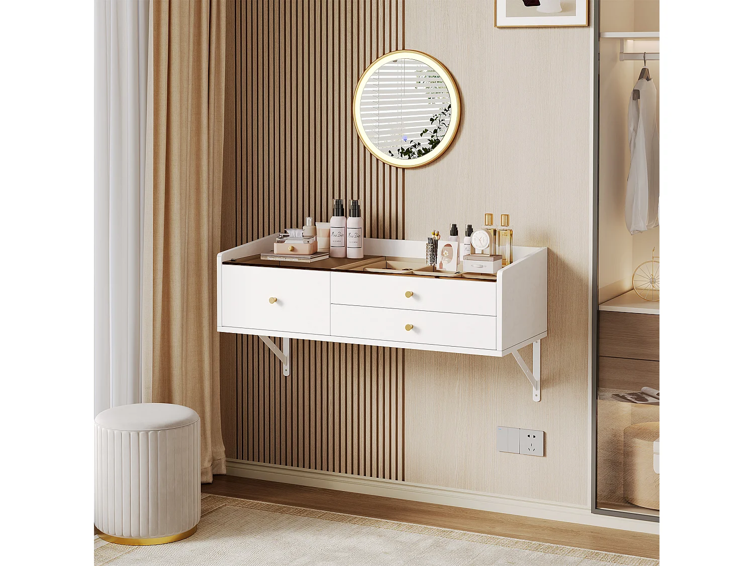 Wall-mounted dressing table with mirror 100x40x48cm - with LED - glass table top - with 3 drawers and compartments - White