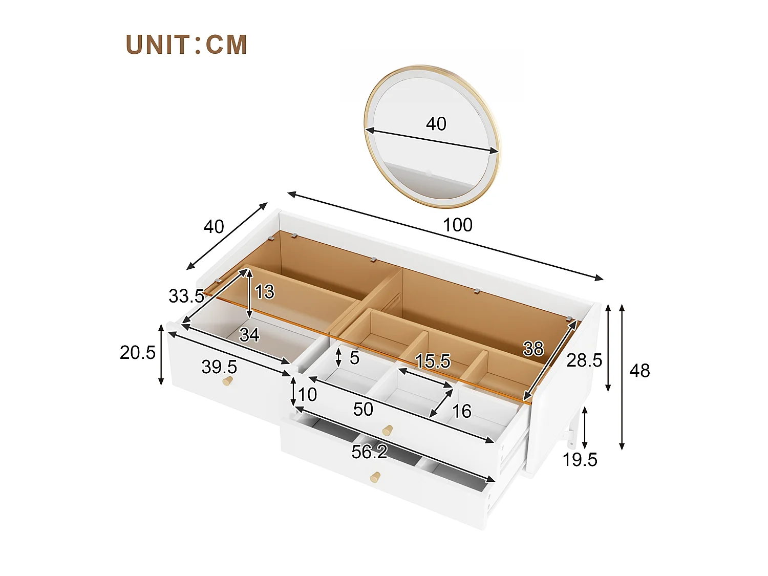Wall-mounted dressing table with mirror 100x40x48cm - with LED - glass table top - with 3 drawers and compartments - White