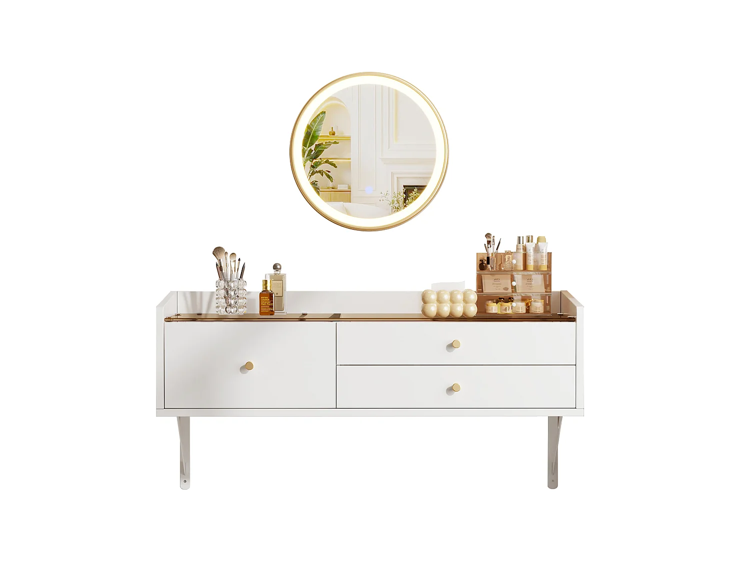 Wall-mounted dressing table with mirror 100x40x48cm - with LED - glass table top - with 3 drawers and compartments - White
