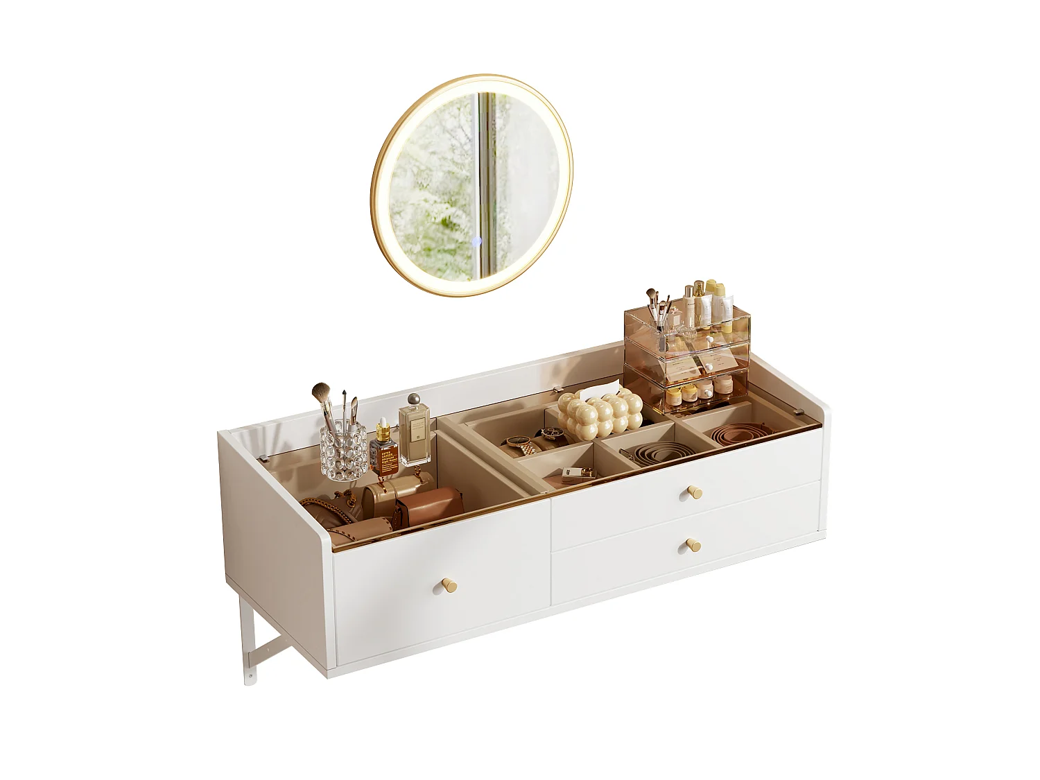 Wall-mounted dressing table with mirror 100x40x48cm - with LED - glass table top - with 3 drawers and compartments - White