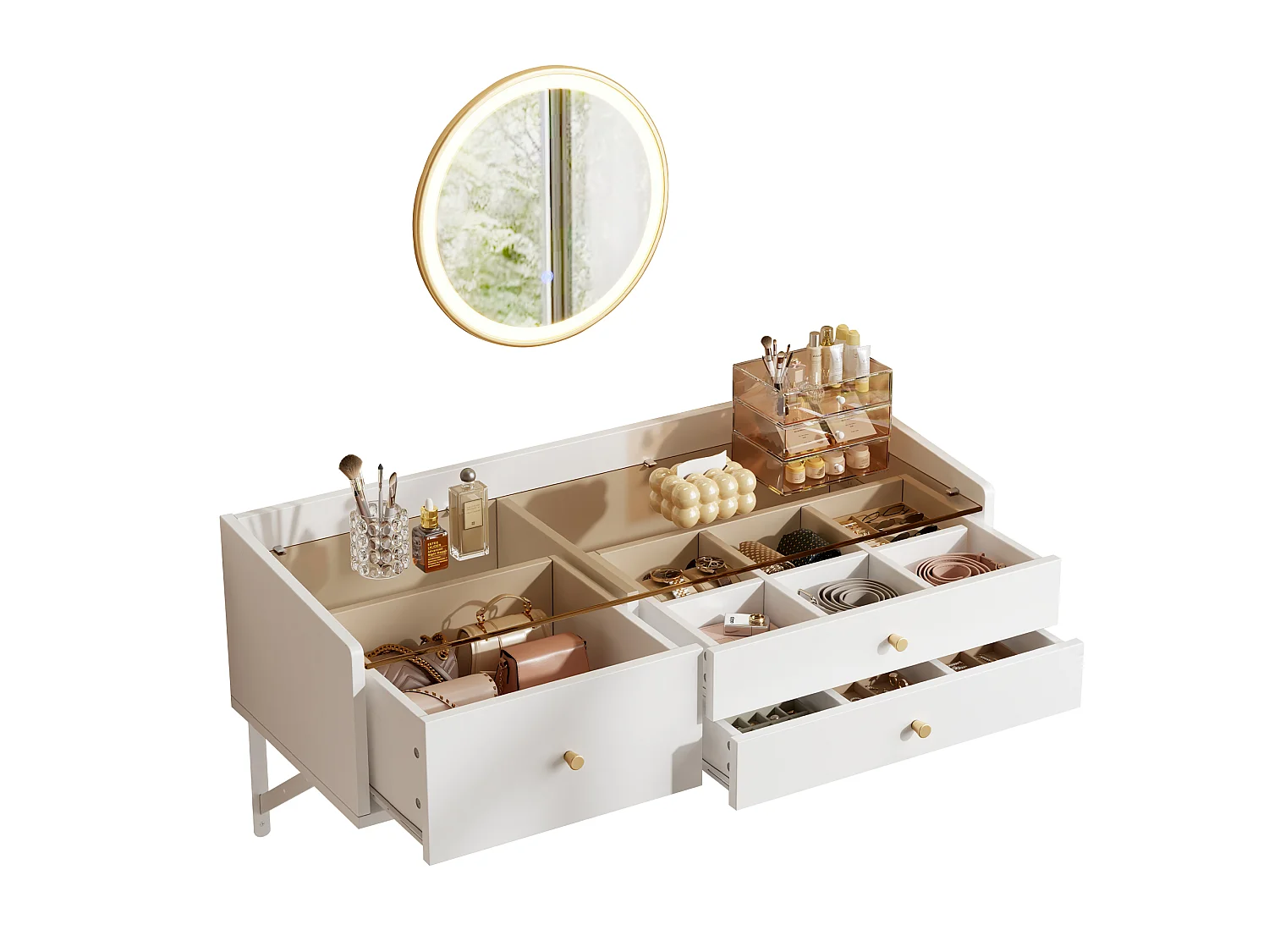 Wall-mounted dressing table with mirror 100x40x48cm - with LED - glass table top - with 3 drawers and compartments - White