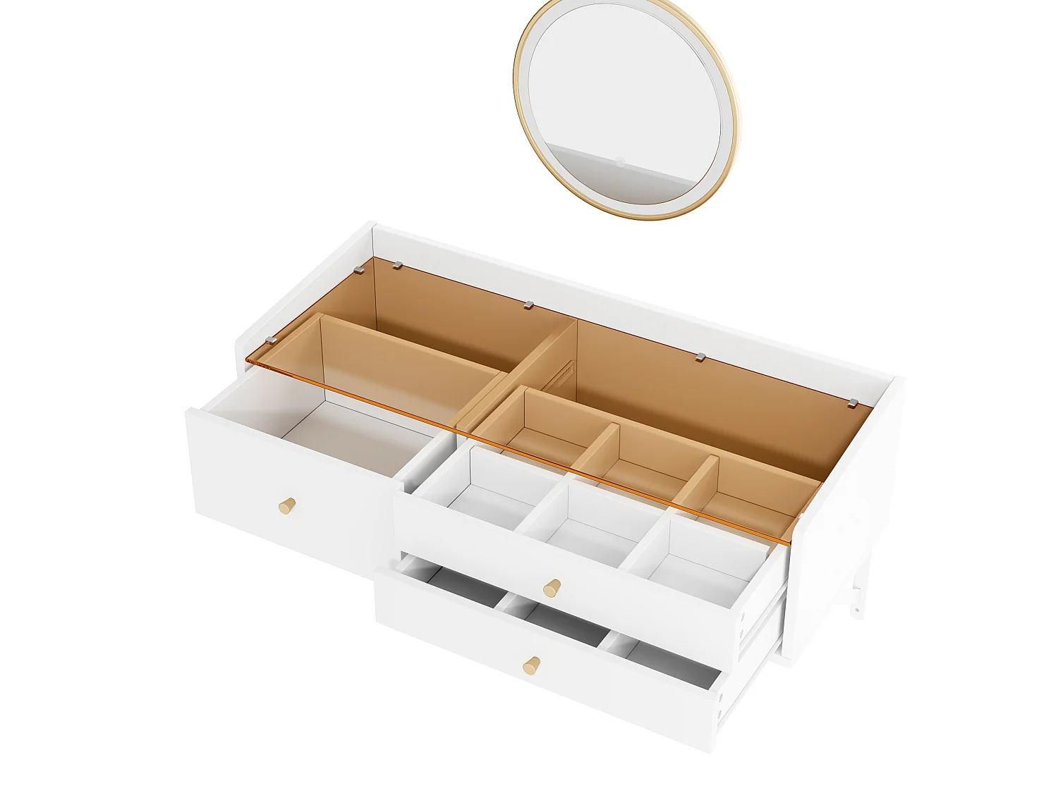Wall-mounted dressing table with mirror 100x40x48cm - with LED - glass table top - with 3 drawers and compartments - White