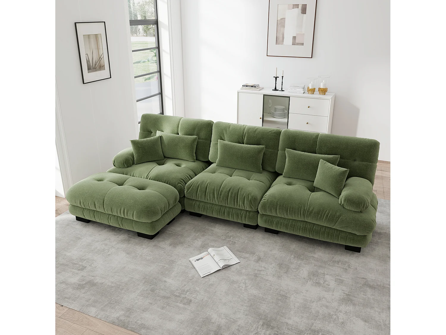 Canapé modulable 3 places 313 cm avec pouf - Tissu chenille vert