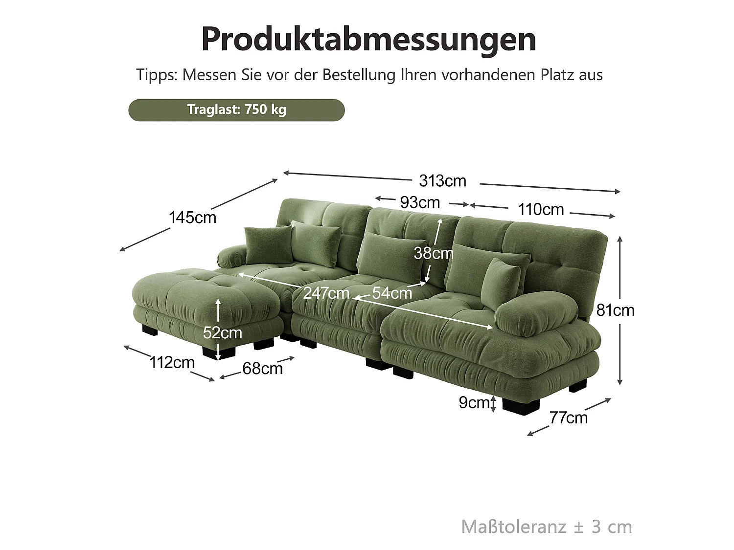 Canapé modulable 3 places 313 cm avec pouf - Tissu chenille vert