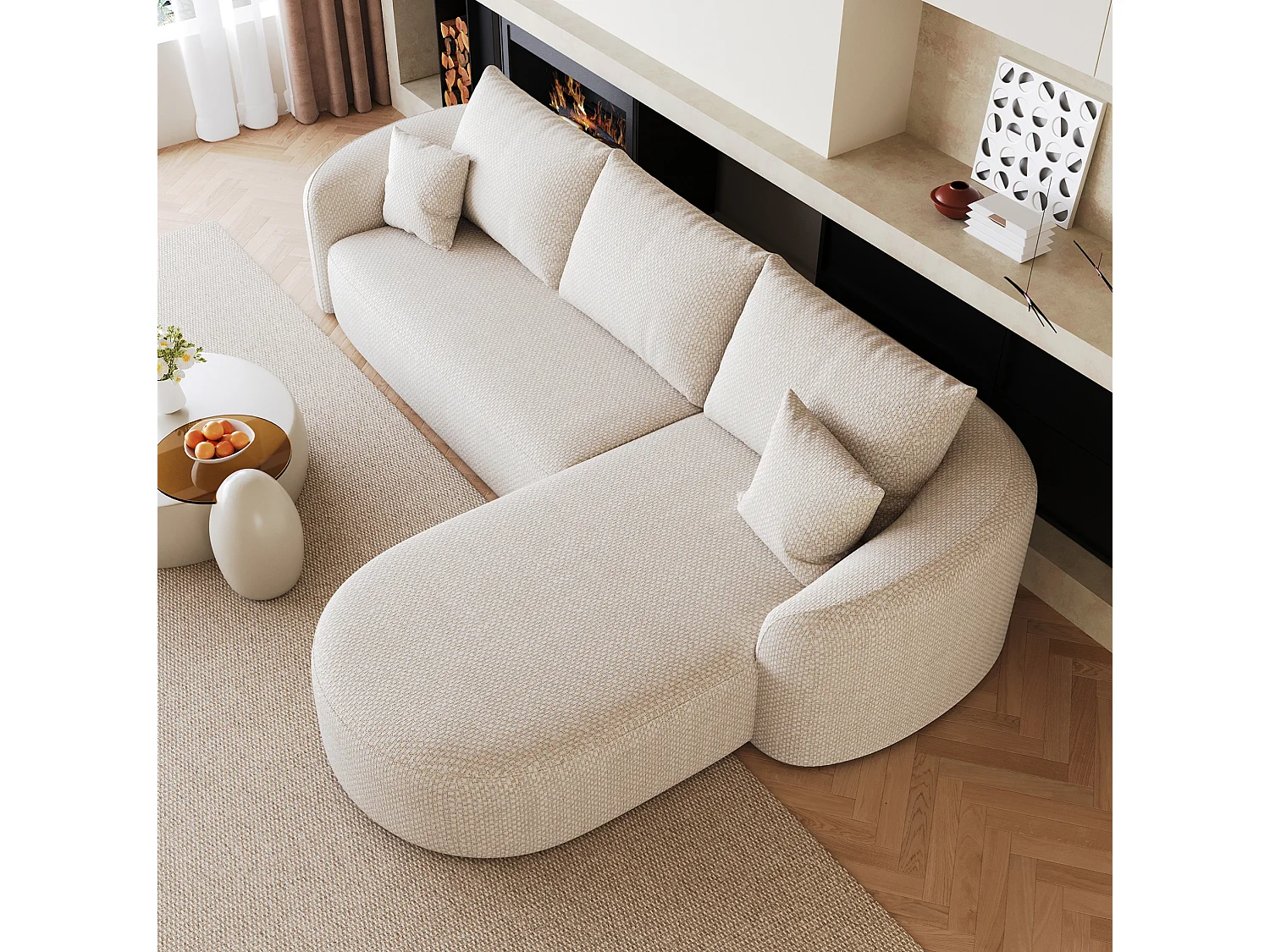 Canapé d'angle modulable en L 3 places en chenille - Sans montage - Blanc