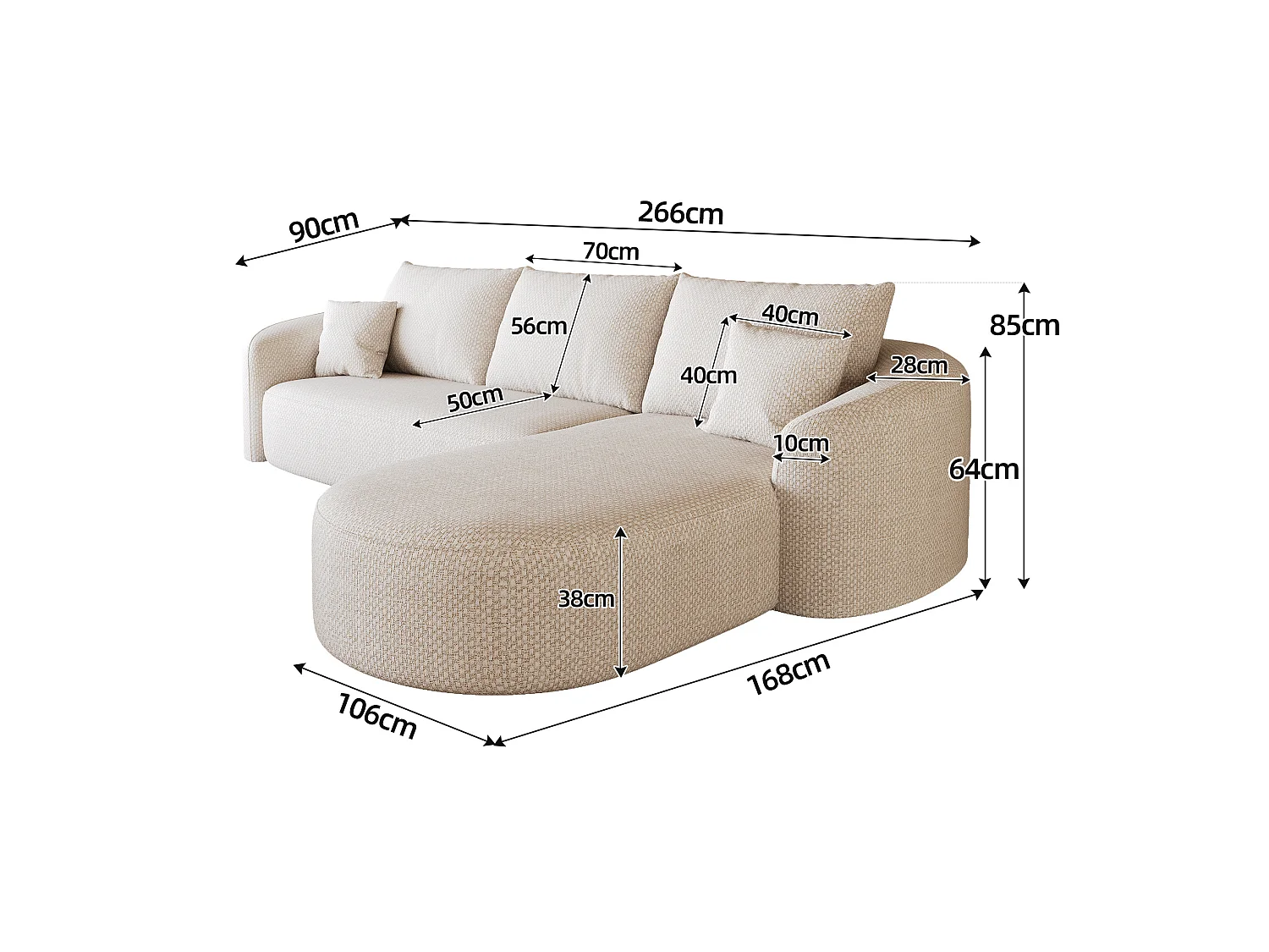 Canapé d'angle modulable en L 3 places en chenille - Sans montage - Blanc
