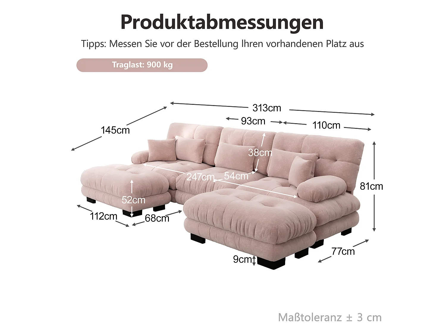Canapé modulable 3 places 313 cm avec 2 poufs - Tissu chenille rose
