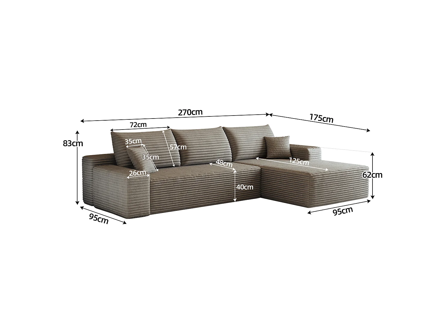 Canapé d'angle modulable 3 places 270 cm en tissu - Sans montage - Camel