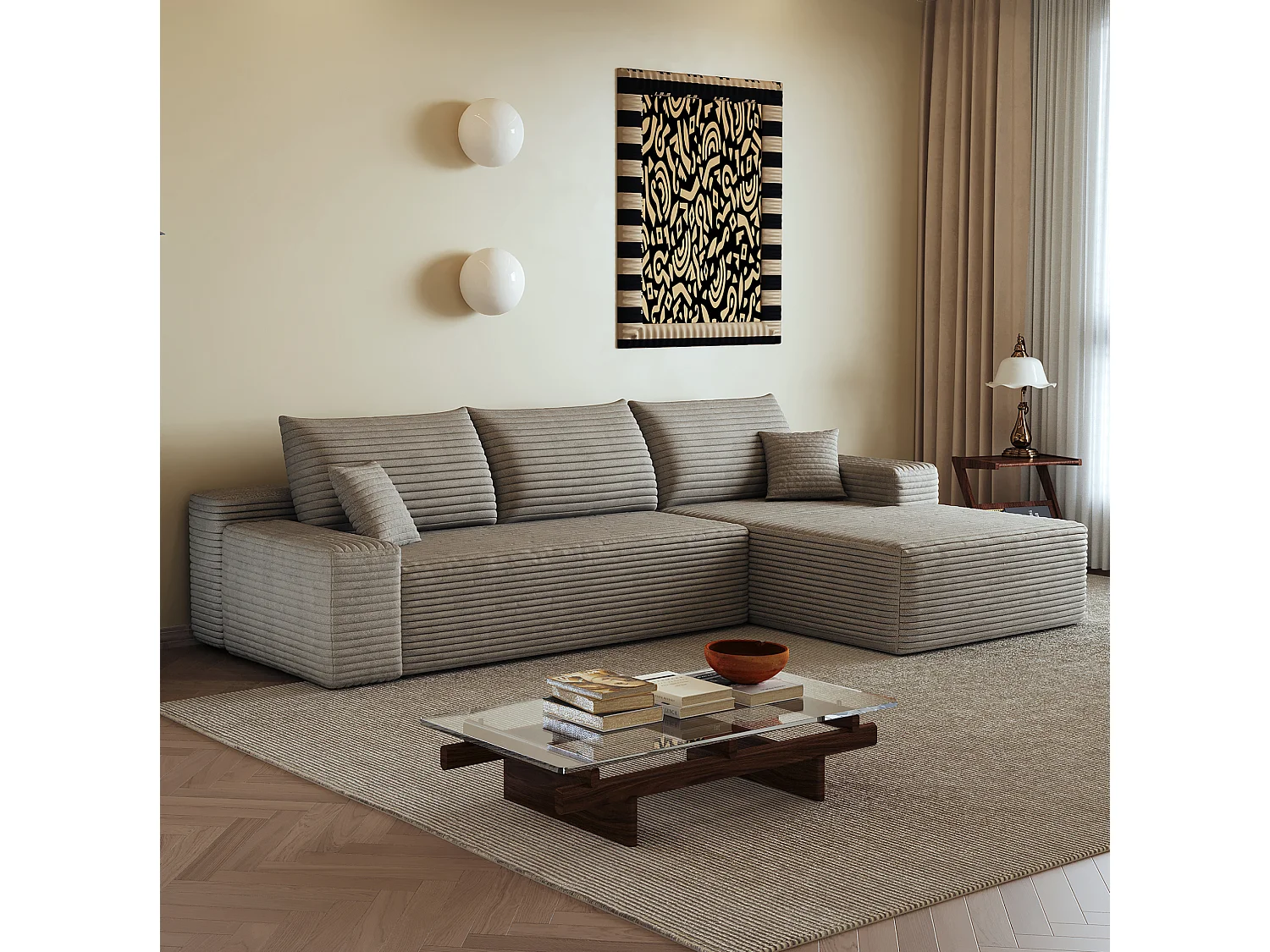 Canapé d'angle modulable 3 places 270 cm en tissu - Sans montage - Camel