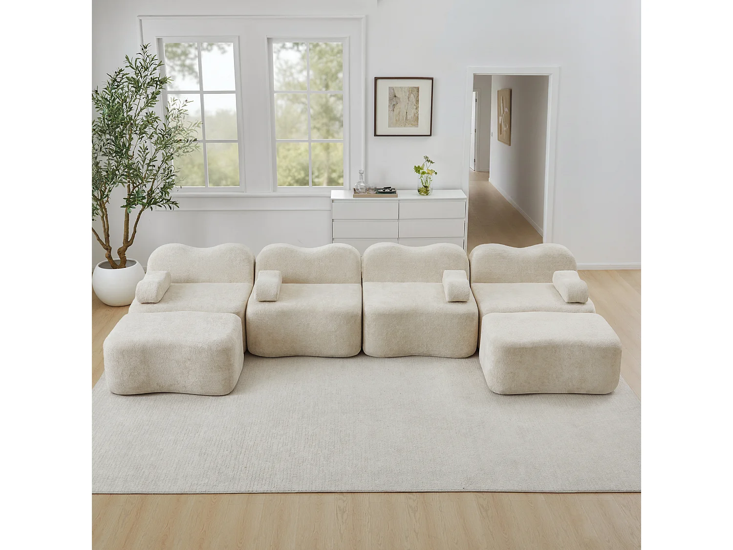 Sofá modular de 4 plazas, 384 cm, en terciopelo con 2 otomanas - Beige