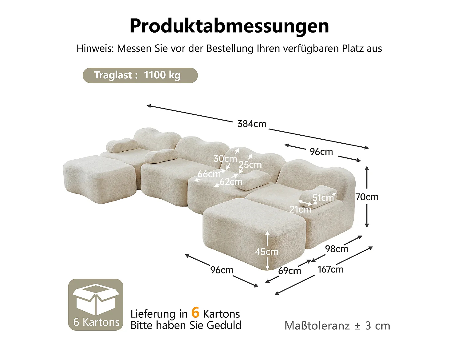 Sofá modular de 4 plazas, 384 cm, en terciopelo con 2 otomanas - Beige