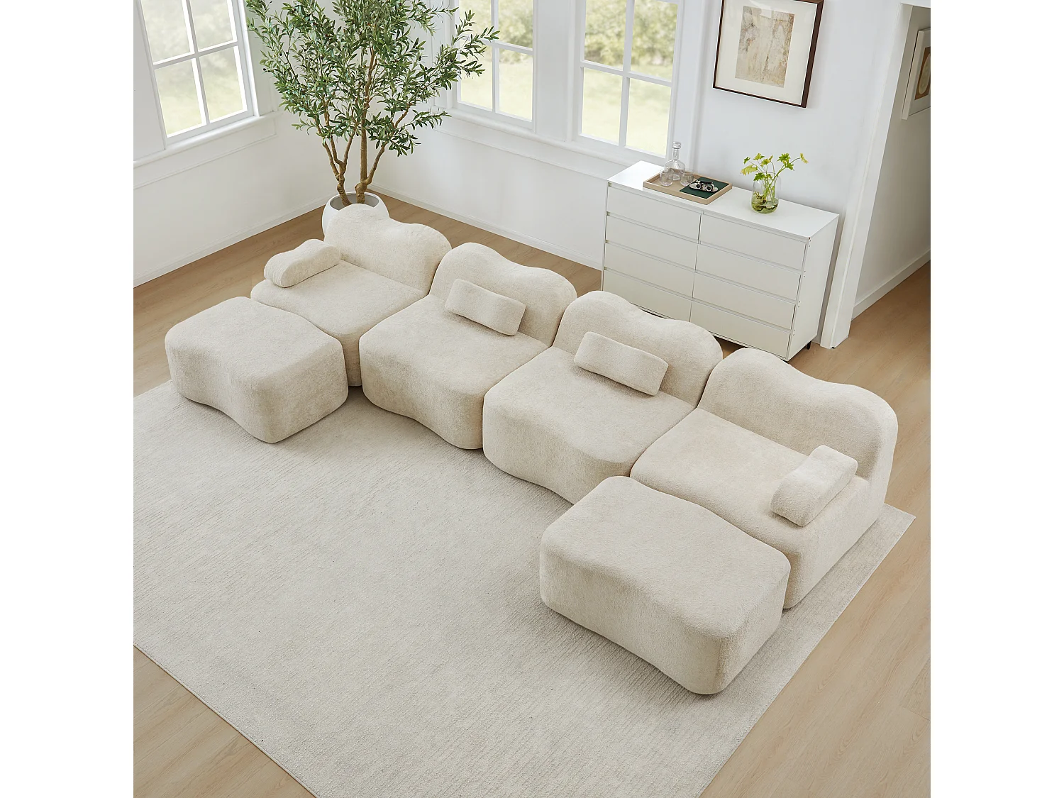 Sofá modular de 4 plazas, 384 cm, en terciopelo con 2 otomanas - Beige