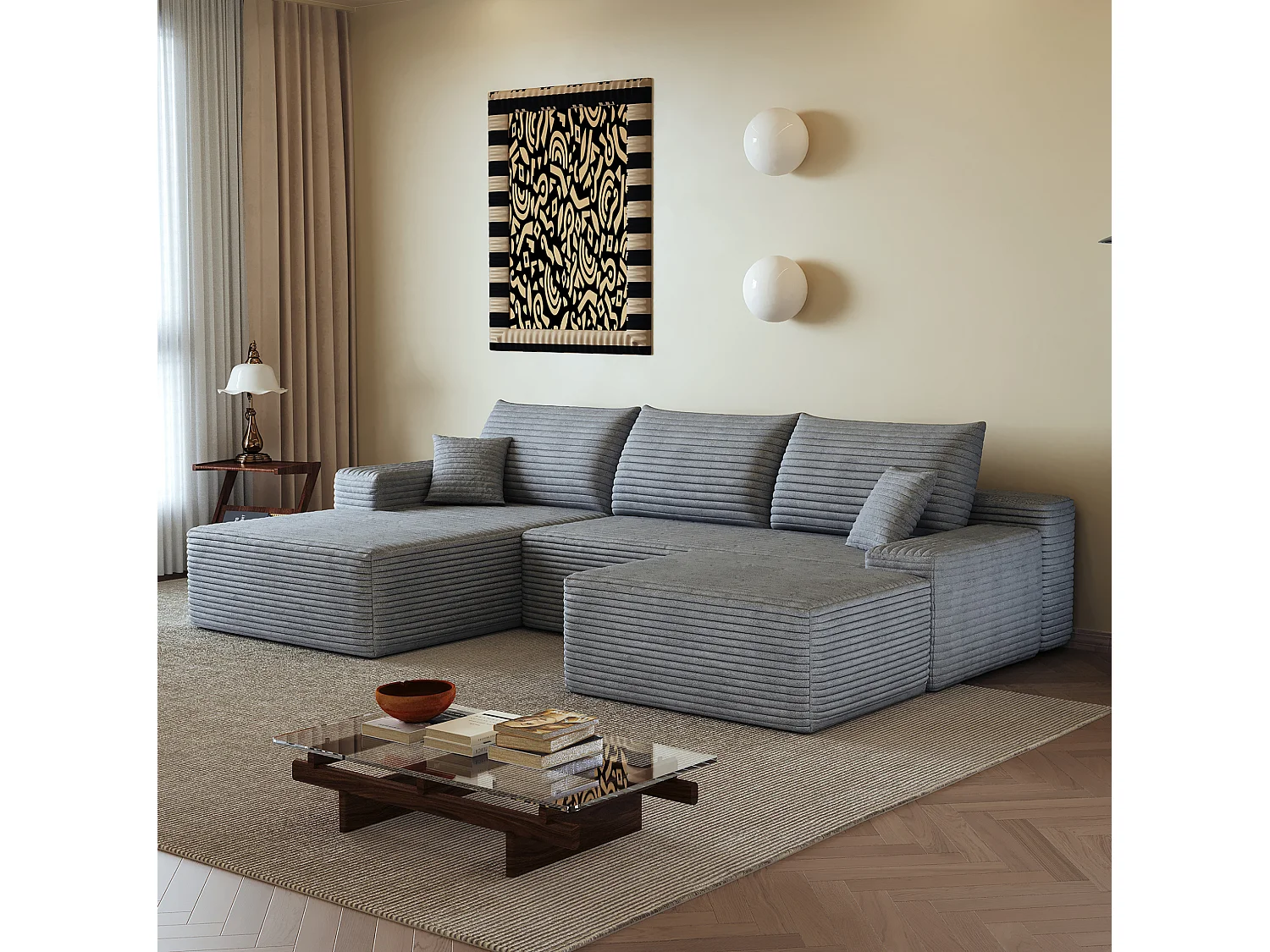 Canapé modulable 3 places 270 cm avec méridienne à gauche et pouf - Gris